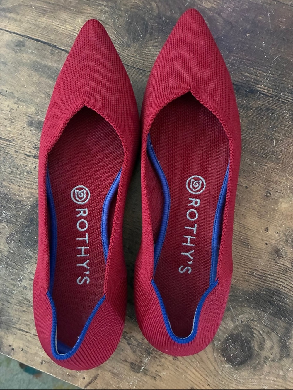 Rothy's Women's Pointed Flats in Deep Red with Blue Trim